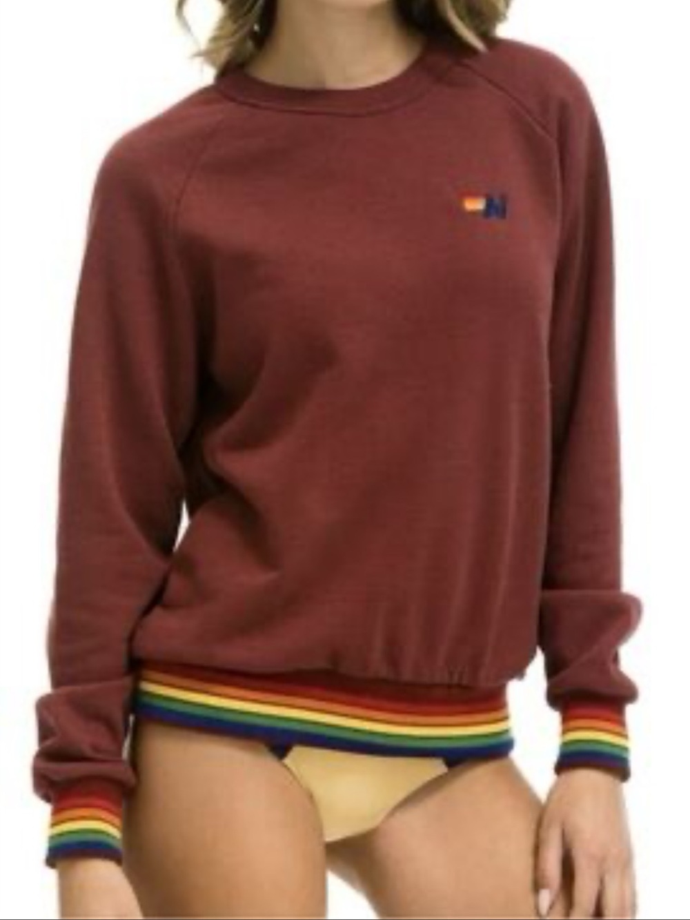 Aviator Nation Burgundy Red Crewneck Sweatshirt Rainbow Hemline and Cuff Small